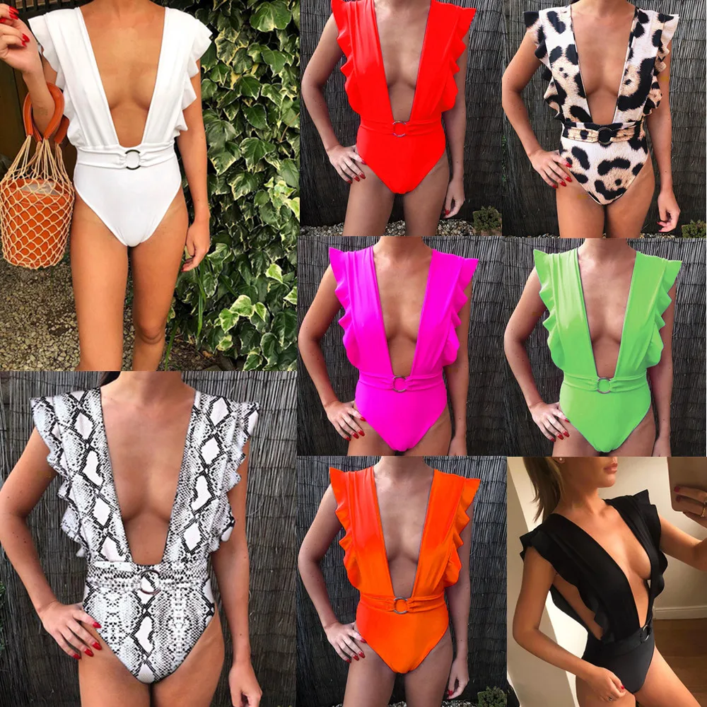 

One Piece Swimsuit 2019 Sexy Ruffles Swimwear Women Solid Swimsuit Vintage Retro Bathing Suits Beach Wear Swim Print Monokini