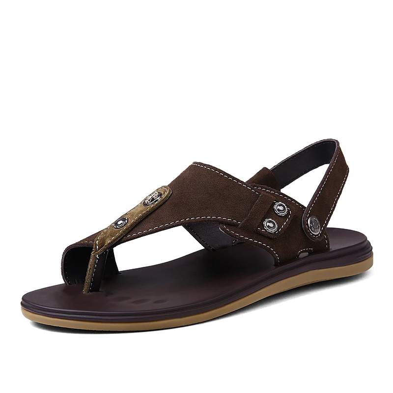 

2019 New Men Sandals High Quality Men Leather Sandals Summer Beach Men Shoes Leather Slippers For Men Flat Clip Toe Shoes C4