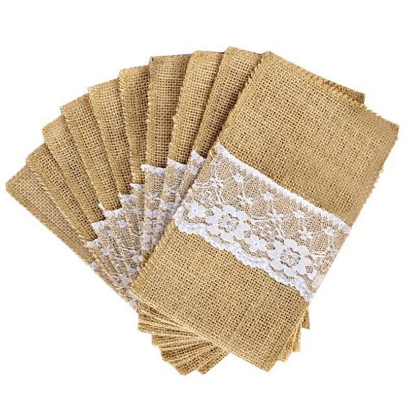 

100Pcs/Jute Linen Cutlery Holder Vintage Shabby Chic Jute Lace Cutlery Bag Packaging Fork and Knife Pocket Home Textiles