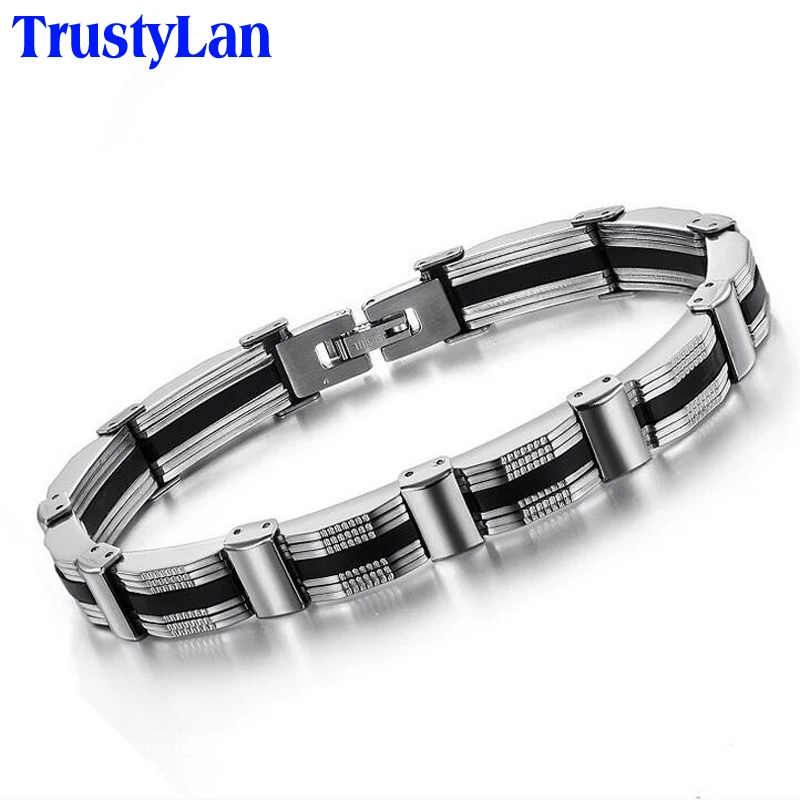 TrustyLan Fashion Design Silica Gel Bracelet Men Stainless Steel Chain