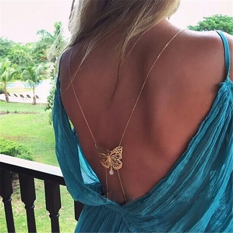 

Fashion Unique Long Necklace Bare Back Gold Butterfly Simulated-pearl necklace for Women XL-457