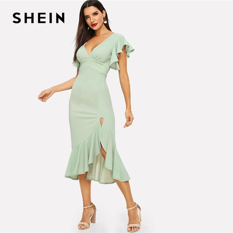 

SHEIN Glamorous Green Flutter Sleeve Asymmetrical Ruffle Hem Split Slim Dress 2019 Spring Deep V Neck Sheath Long Dresses