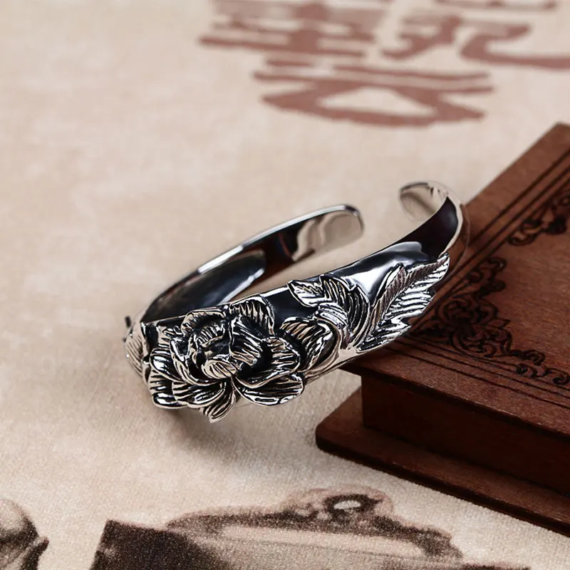 RADHORSE 925 Silver Bangles for Women Fine Jewelry stereoscopic lotus Modeling Classic Style adjustable Bangles