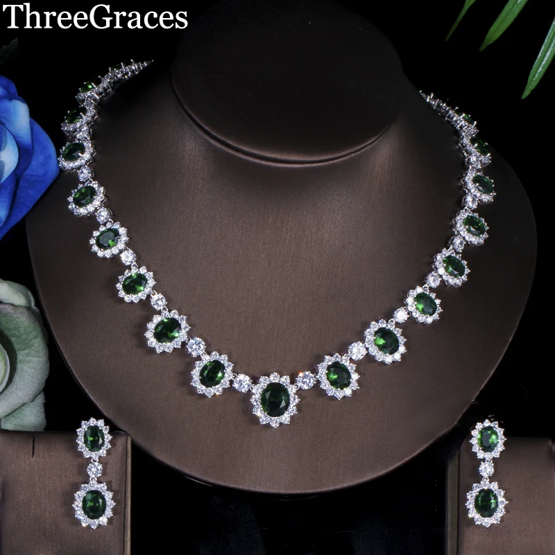 ThreeGraces Gorgeous White Gold Color Full Pave Around Dark Green Oval Shape CZ Stone Big Flower Jewelry Sets For Women JS041|jewelry sets for