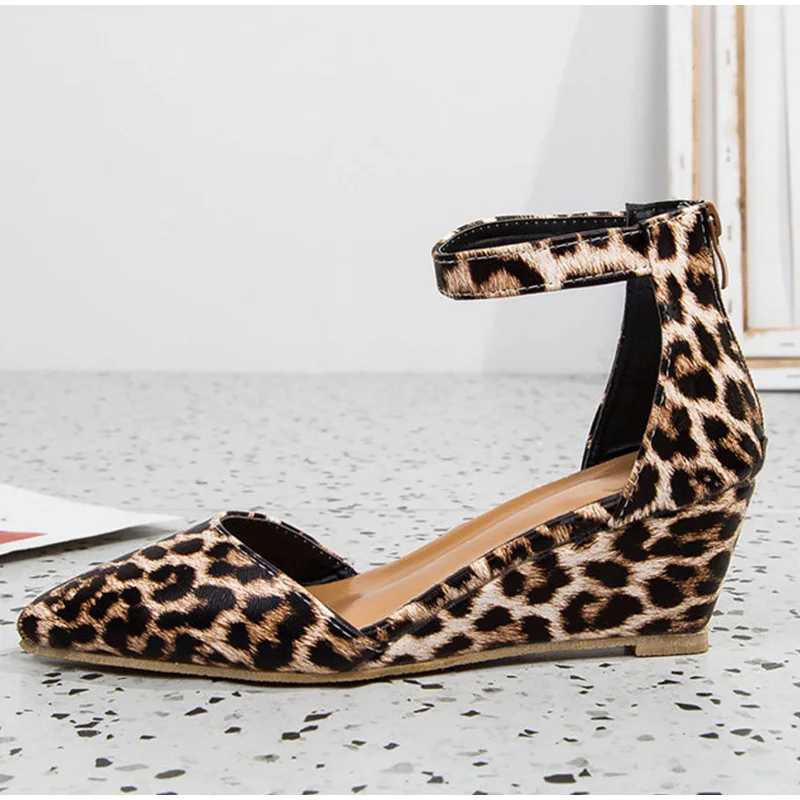 Women Wedge Ankle Strap Pumps Zipper Suede Leopard Pointed Toe Shallow Ladies Shoes Summer Plus Size Casual Sandals New Female