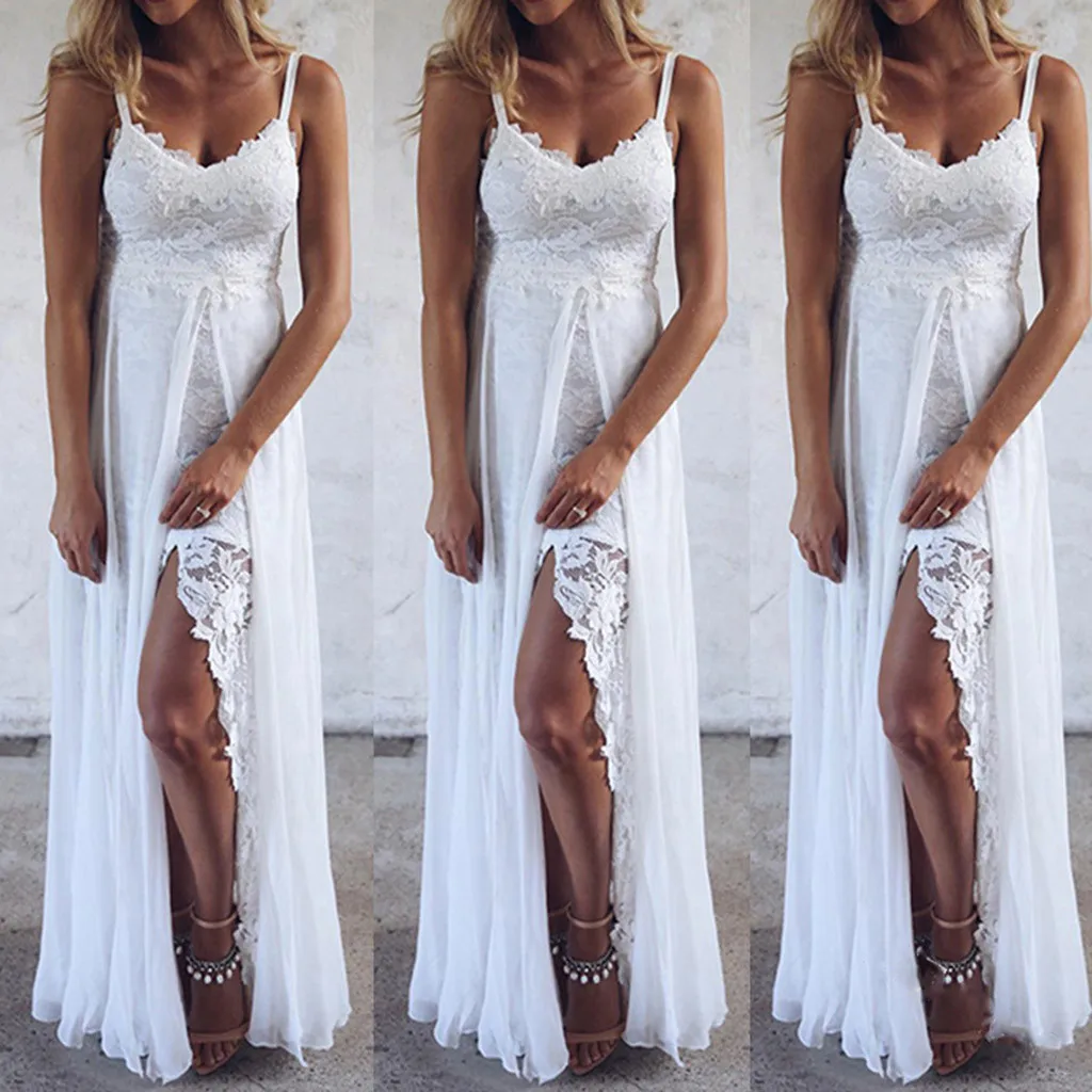 

Fashion Women's White Long Dress Ladies Summer Sling V-Neck Sexy Chiffon Lace High Split Irregular Party Dress