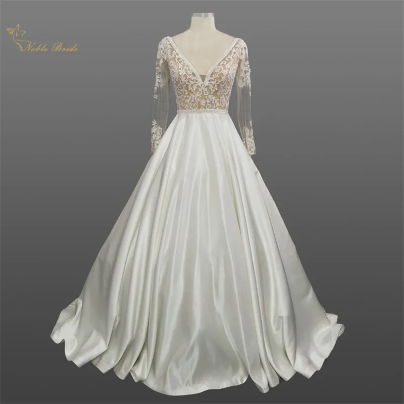 

Vestido de noiva 100% Real Photos A Line Garden Vintage Plus Size Long Sleeve Satin Wedding Dress Customized Made