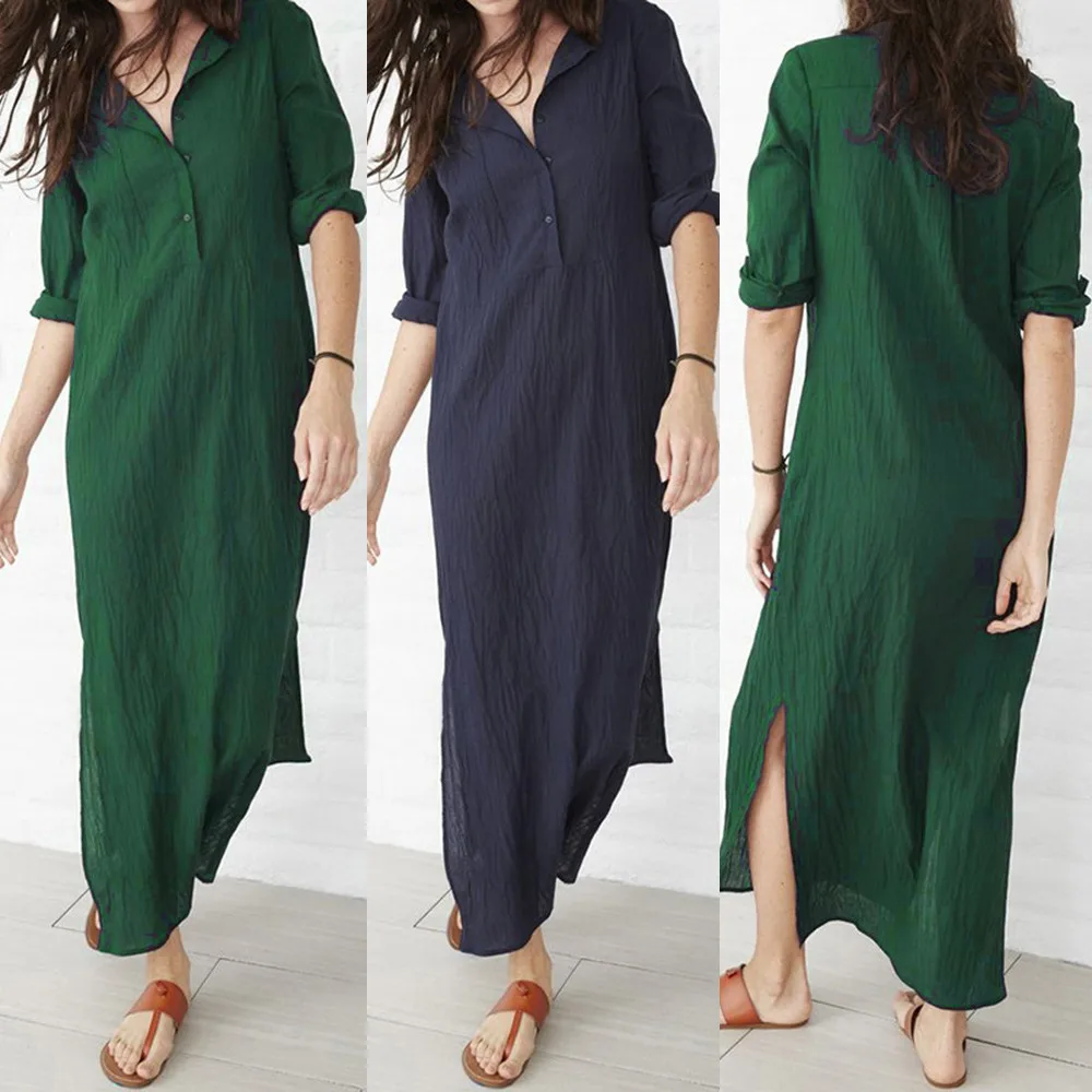 

2019 New vestidos Womens Casual Long Sleeve O-Neck Button Baggy Dresses Femme Cotton Linen Splits Maxi Dress