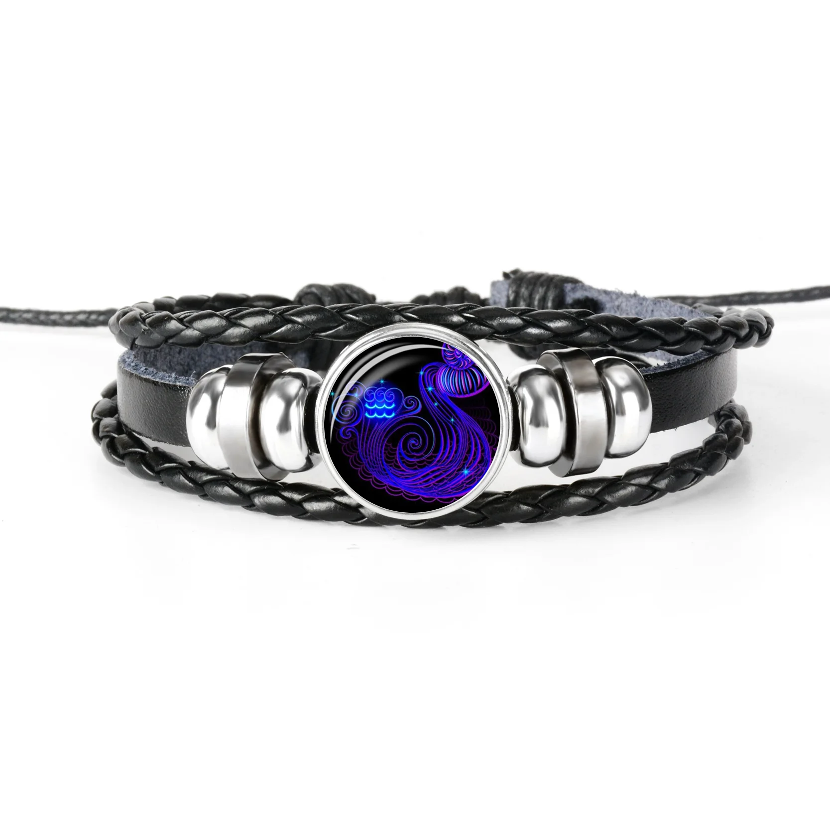 Women's Zodiac Sign Braided Leather Bracelet Product Show Aquarius