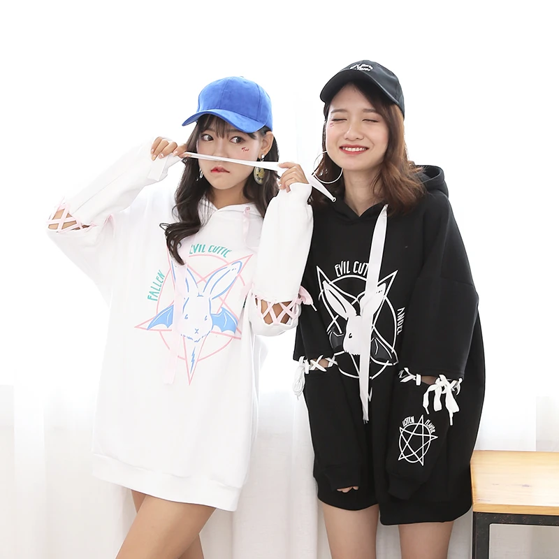  Harajuku Cute Lolita Women Tumblr Sweatshirt Rabbit Pentacle Print Lace Up Hoodies Loose Tracksuit 