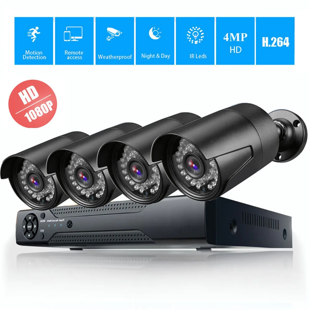 

4CH AHD 1080P Security Camera System 4*2.0MP Indoor/Outdoor Weatherproof Bullet Cameras Video System Video Surveillance Kit