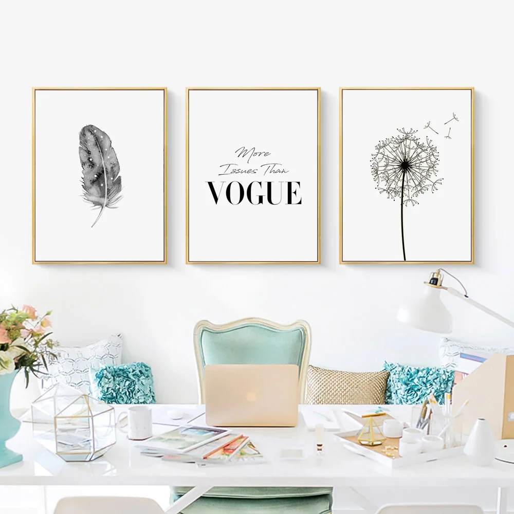 Перо Одуванчик Vogue цитаты черно-белые скандинавские плакаты и принты настенная