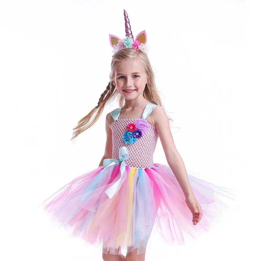 Girls Unicorn Halloween Tutu Dress with Head Hoop Kids Flowers fancy Dress (14)