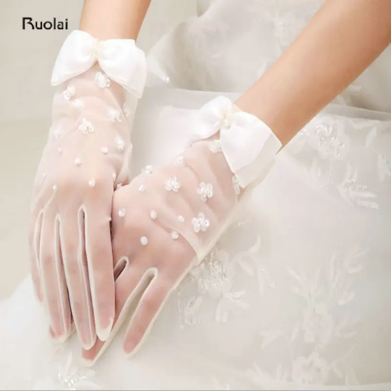 2017 New Arrival Beautiful Short Finger Sequins Bow Wedding Glove Tulle