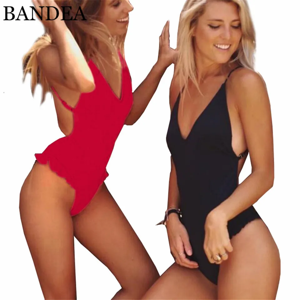 

BANDEA 2019 Bandage One Piece Swimsuit Solid Women Swimwear Padded Monokini Sexy Backless Bathing Suit Ruffle Bodysuit Summer