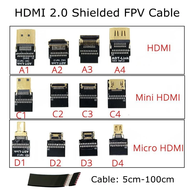 FPV Micro HDMI Mini HDMI угловой переходник 5 см-2 м лента гибкой печатной платы HDMI 2,0 экранированный плоский кабель 4 k 60 Гц для аэрофотосъемка