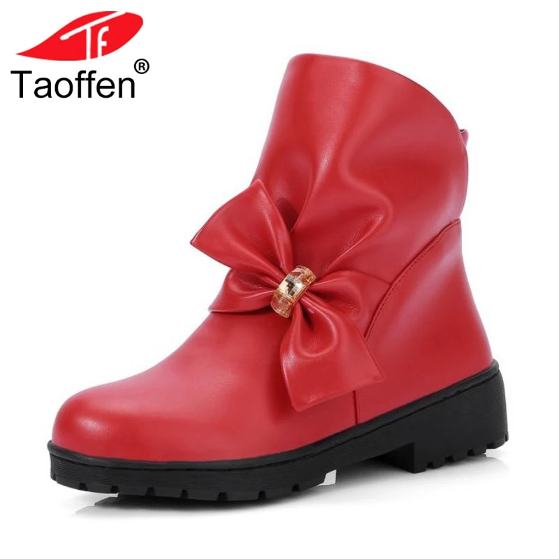 

TAOFFEN Size 33-43 Woman Flats Boots Thick Fur Bowtie Winter Shoes Ankle Boots S Woman Fashion Short Boots Ladies Footwear