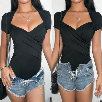

Women Bodysuit Ruffle V-neck Jumpsuit Romper Leotard Club Party Tops T shirt USA