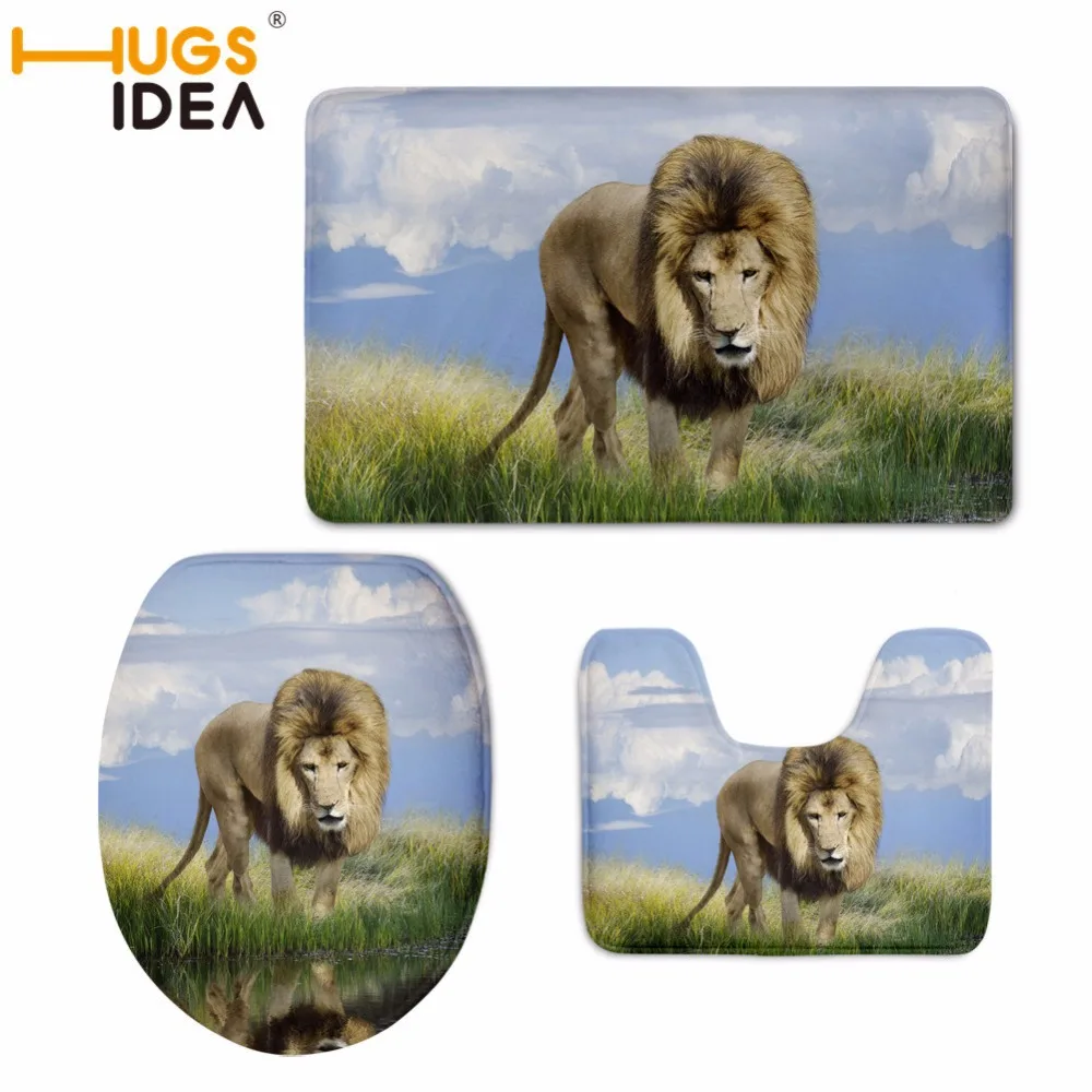 HUGSIDEA 3D Lion Tiger Print Toilet Seat Cover 3Pcs/Set Home Decor Bath