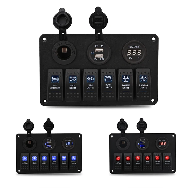 

6 Gang Car Boat Rocker Switch Pane Blue Red LED Switch Panel 5V 3.1A Dual USB Charger 12V Cigarette Lighter Socket Voltmeter