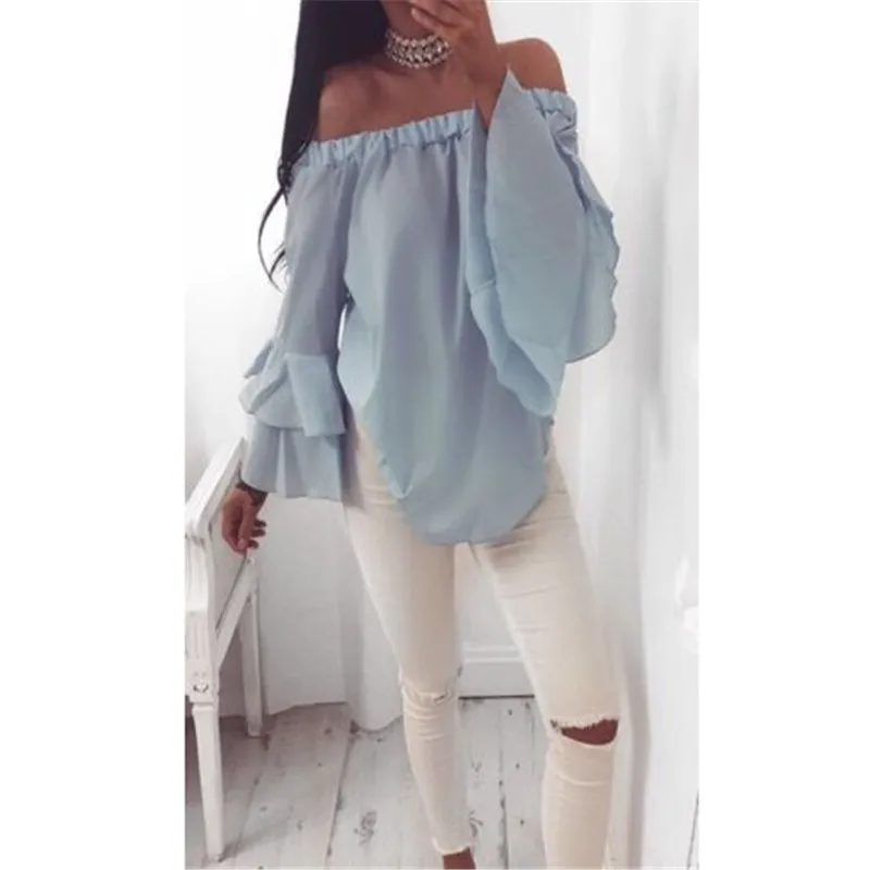 

2017 Women Summer Elegant Blouses Butterfly Sleeve Slash Neck Off Shoulder Shirts Casual Ruffles Blouses Top