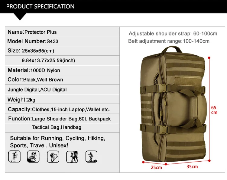 Протектор Плюс S433 60L большой емкости рюкзак путешествия Туризм Кемпинг большой вещевой нейлон Многофункциональный тактический Tote