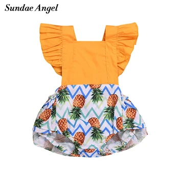 

Sundae Angel Newborn infant baby girls clothes Fly Sleeve Bowknot Patchwork Pineapple baby girls summer ruffled Rompers 0-24M