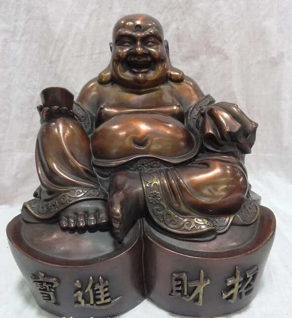 

xd 002084 12" China Pure Bronze Buddhism Happy Laughing Maitreya Buddha Statue Monkey Bag