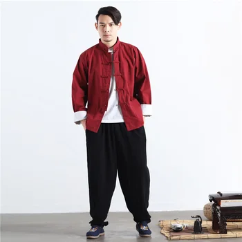 

Hisenky 2019 Spring Autumn Men's Mandarin Collar Traditional Shirts Casual Long Sleeve Handmade Chinese Knot Buttons Linen Shirt