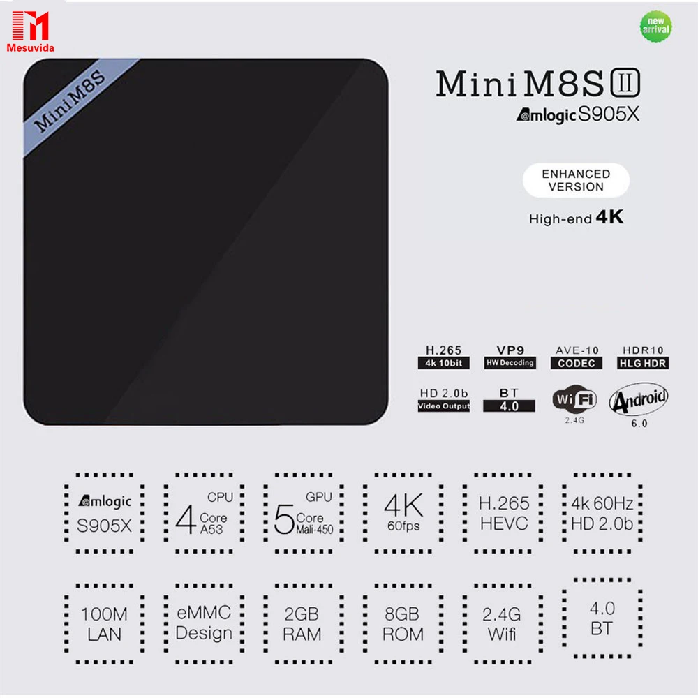 

Mesuvida Mini M8S II TV Box Set-top Box 4K Amlogic S905X Quad Core Android6.0 2.4GHz WiFi BT4.0 2GB 8GB 64Bit Smart Media Player