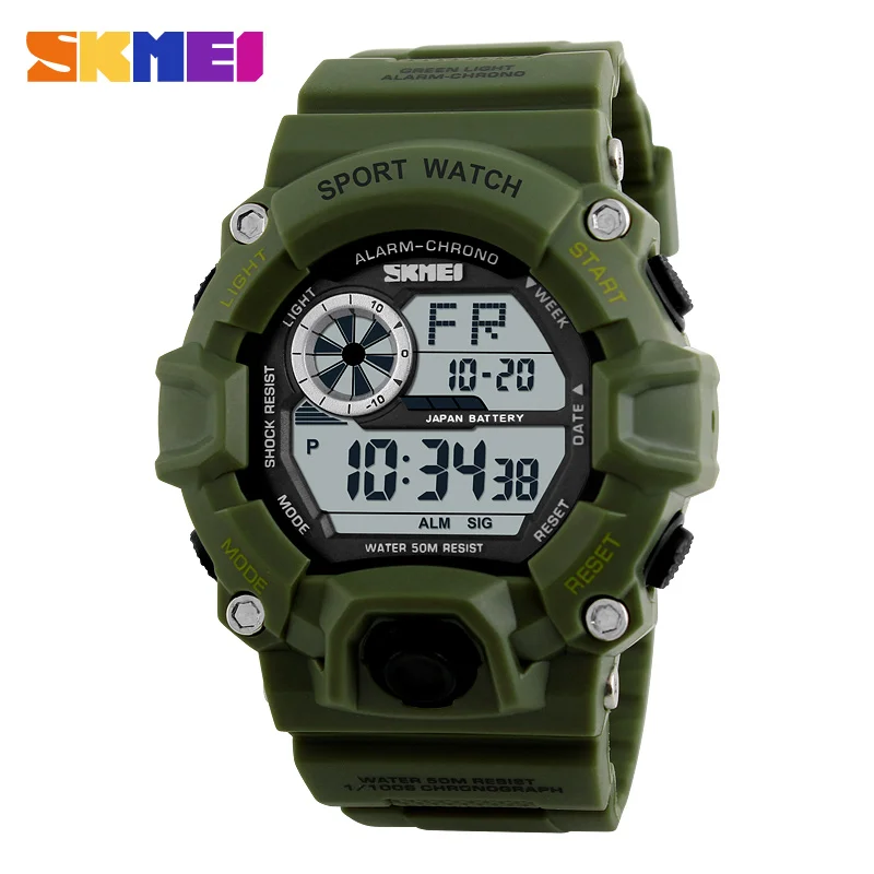 SKMEI Военные цифровые часы мужские Часы светодиодный задний свет шок спортивные наручные часы мужские камуфляжные армейские часы будильник водонепроницаемые часы - Цвет: ArmyGreen