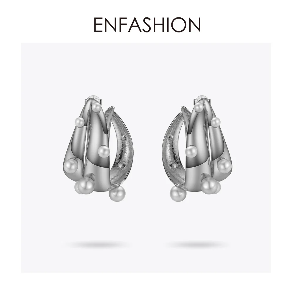 ENFASHION, серьги-кольца в стиле панк с жемчугом, двойной C, для женщин, золотой цвет, большие эффектные серьги, модные ювелирные изделия, Pendientes Aro EC191042 - Окраска металла: Silver color