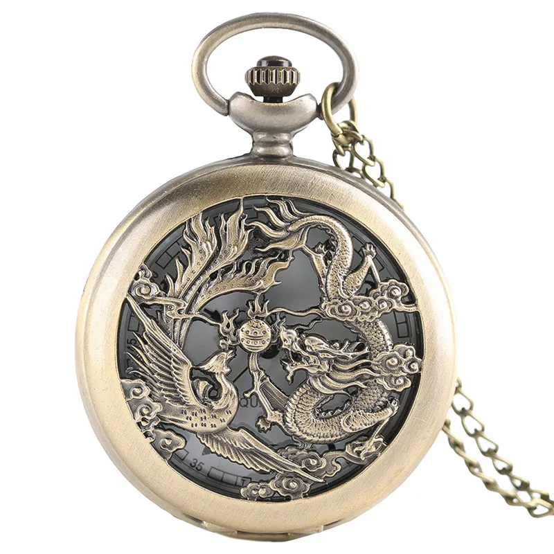 

Oriental Fashion Pocket Watch Flying Dragon Phoenix Sculpture Slim Necklace Lucky Symbol Novel Family Couples Gifts Clock reloj
