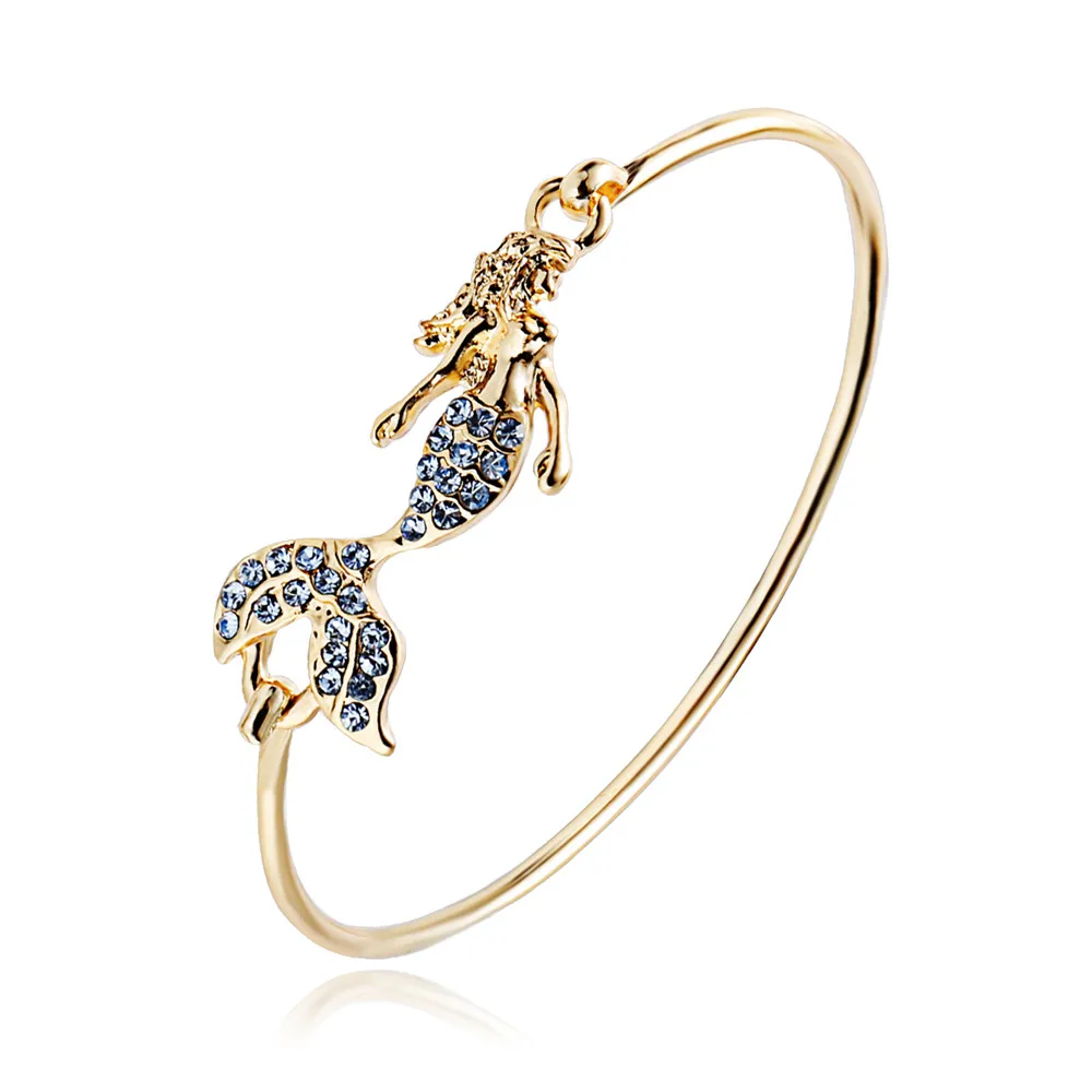 

Senfai 2017 Crystal Mermaid Bracelets for Women,Charms Blue Crystal Body and Tail Mermaid Gold color Bangle for Girls Wholesale