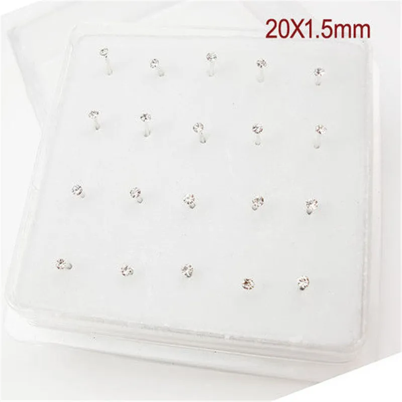 

1set 20 pcs 925 Sterling Silver Nose Stud With 1.5mm Crystal Nose Ring