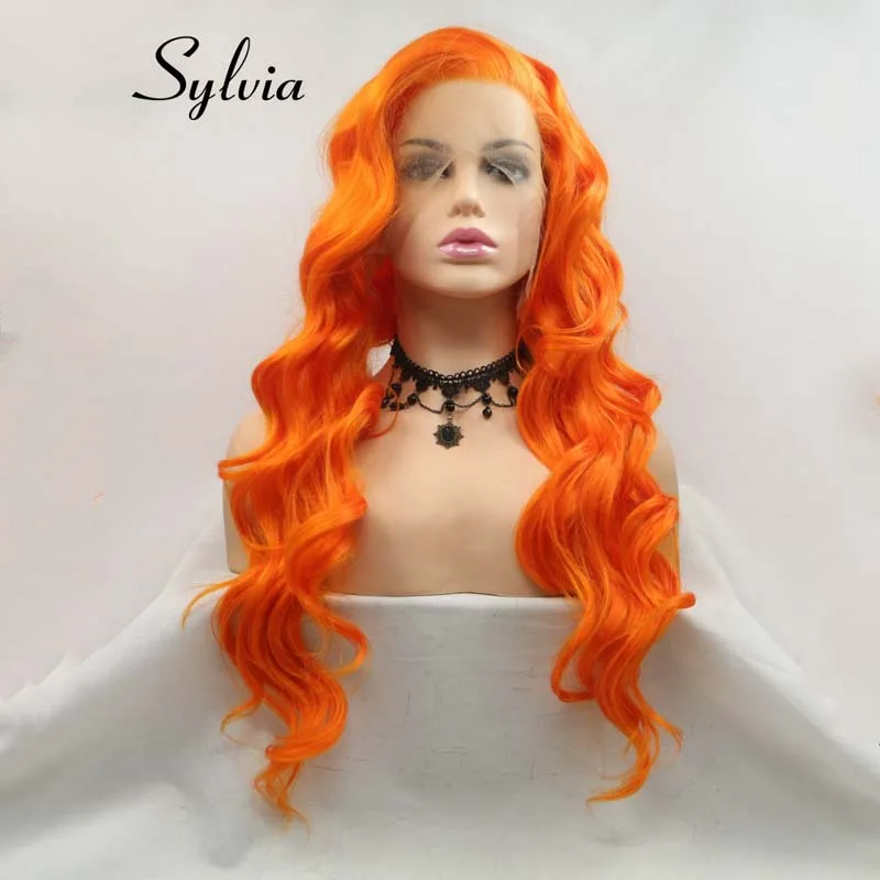 Sylvia Длинные оранжевые синтетические кружевные передние парики свободные волнистые волосы боковые парики жаропрочные волокна парик
