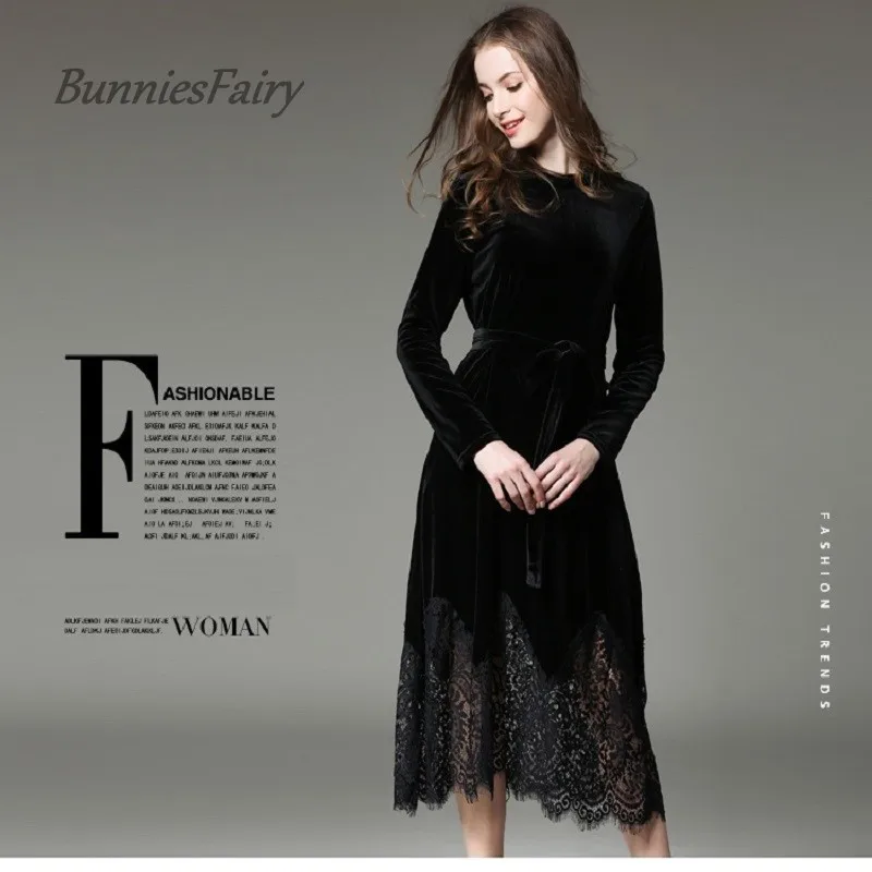 BunniesFairy 2017 осеннее и зимнее винтажное бархатное ажурное кружевное платье с