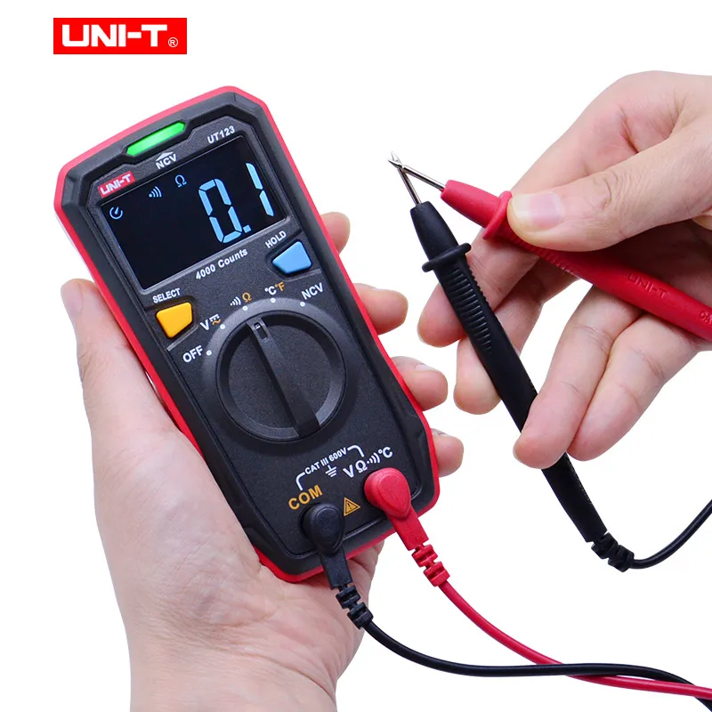 Goedkoop UNI T UT123 Digitale Multimeter Zakformaat Residentiële Multimeter Ac Dc Spanning Weerstand Temperatuur Ncv Tester Ebtn Display