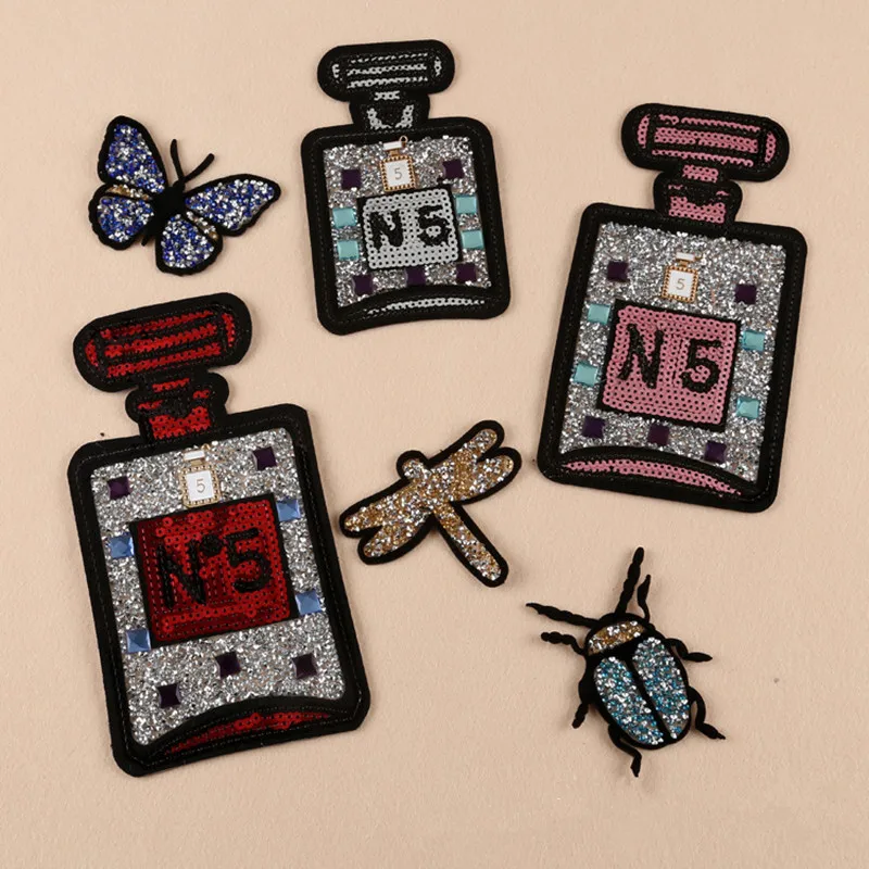 6pcs Embroidered iron on patches for clothes Perfume Sequins/Rhinestone deal with it clothing