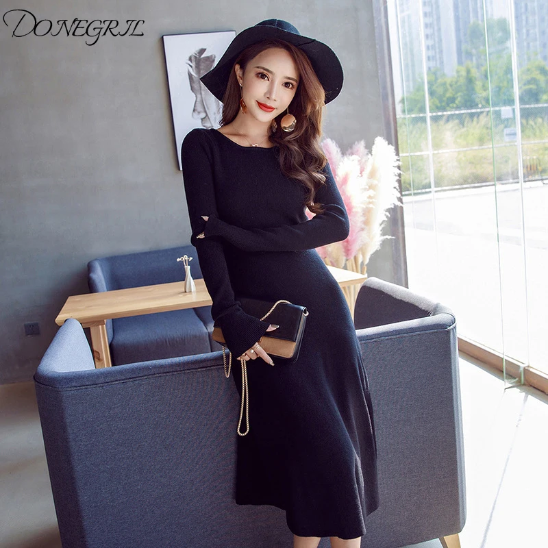 

2018 dress autumn and winter new women's Korean fashion sweater long knit bag hip swing dress