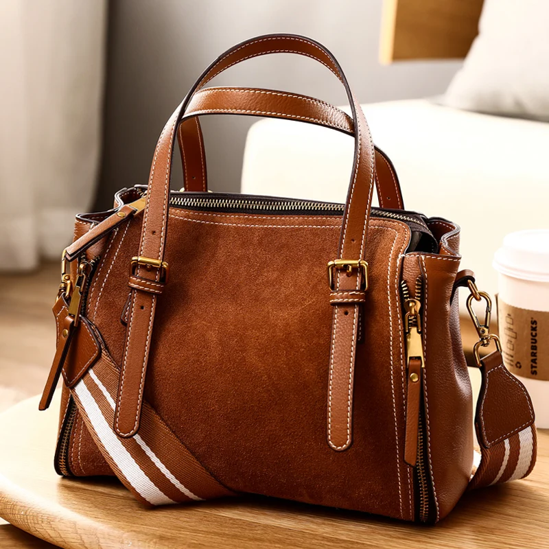WOONAM Women Fashion Handbag Top Grain Genuine Suede Calf Leather