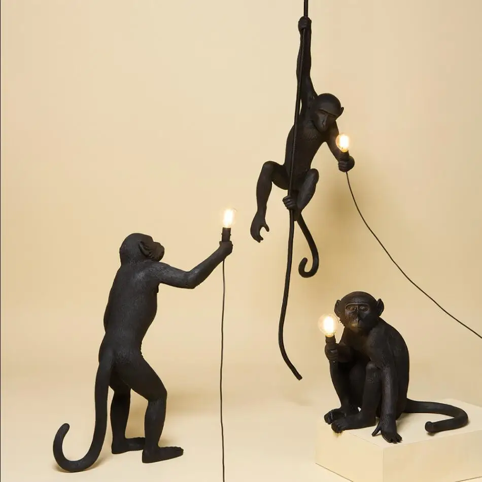 Nordic-Black-Resin-Hemp-Rope-Black-Monkey-Pendant-Lights-Lamps-Industrial-Retro-E27-LED-Edison-Loft