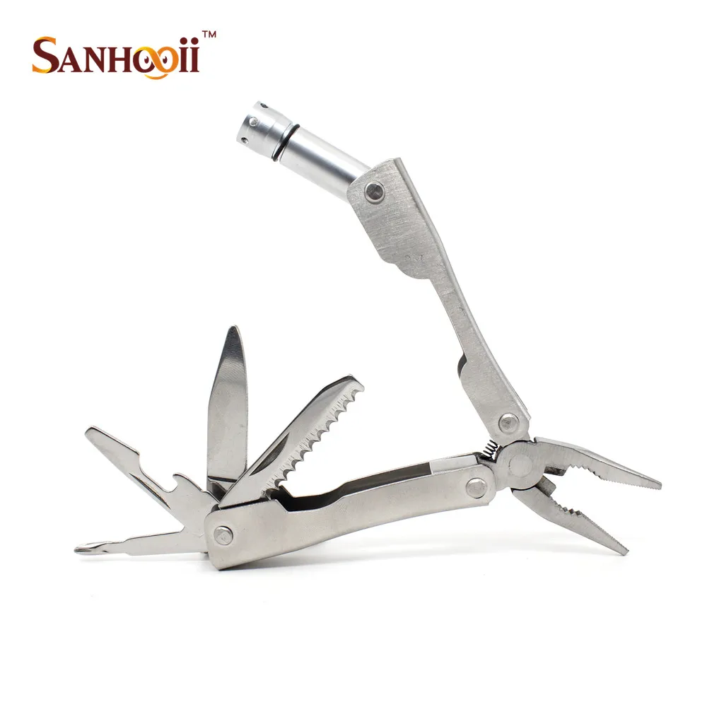 

Outdoor Camping Travel Portable multifunctional Folding LED flashlight pliers Hand Tool Sets bottle opener/saw/screwdriver/knife