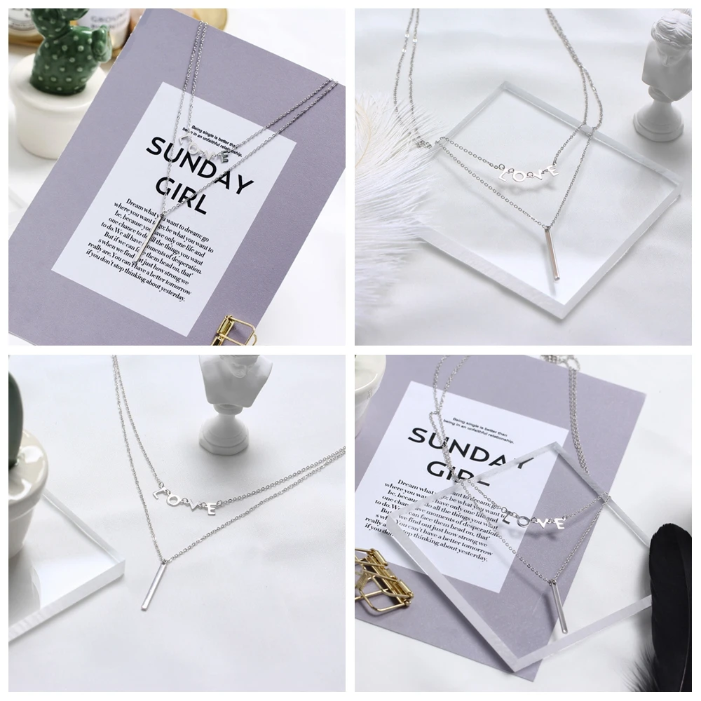 

Amaiyllis Multilayer 925 Sterling Silver Necklace Letter LOVE Vertical Clavicle Sweater Chain Necklaces Pendants For Women