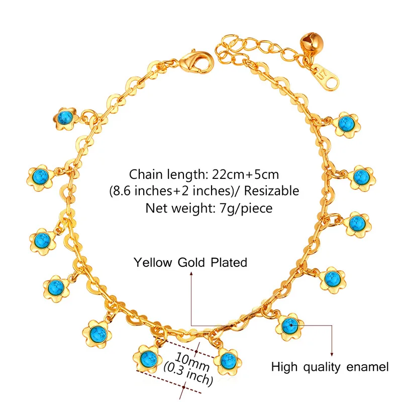 U7 Бирюза Ножной Браслет Позолоченные Цветок Цепь Лодыжки Для Женщин Ювелирные Изделия А320