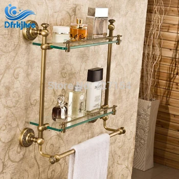 

Bathroom Shelves 2Tier Glass Antique Brass Bath Holder Towel Wall Shelf Bar Hanger Shower Storage Accessories Towel Rack