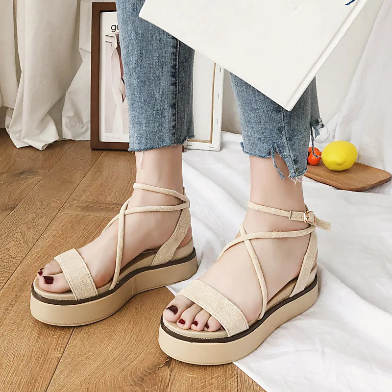 

soulier femme wedge korean style casual shoes fur heels Casual Rome Buckle Solid peep toe Wedges tacones sandalias strap