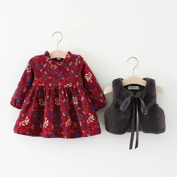 

Winter Baby Infants Girls Kids Children Faux Fur Fleece Waistcoat Vest+Vintage Princess Long Sleeve Dress Vestido clothes Set
