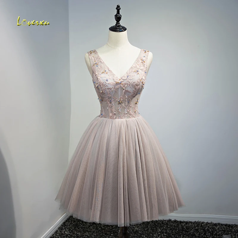 Loverxu дизайн Аппликации v-образный вырез на шнуровке А-силуэта коктейльное платье изящное, расшитое бисером платье для выпускного вечера халат de Soiree плюс размер