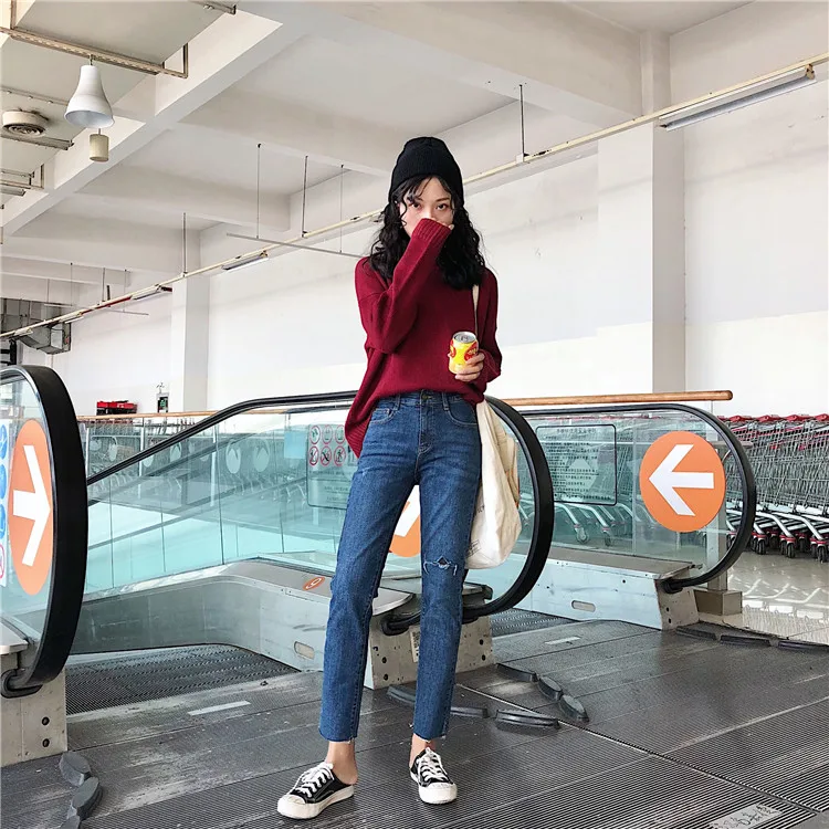 Отверстие Рваные джинсы сексуальные Для женщин Boyfriend Denim Винтаж с эластичной резинкой на талии, с Повседневное брюки женские, тонкие узкие женские укороченные брюки больших размеров Брюки